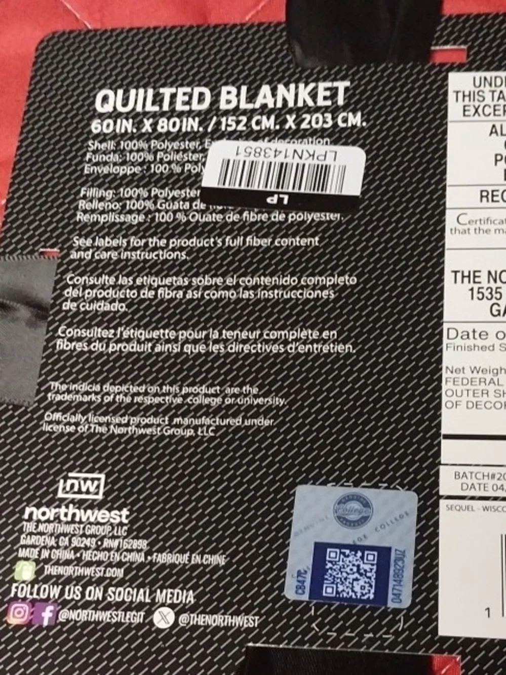 Quilted Blanket - Red/Cream Wisconsin Badgers 60x80